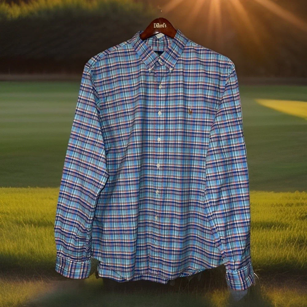 Ralph Lauren Flesh‎ Pony Slim Fit Stretch Oxford Men XXL Blue Plaid Long Sleeve